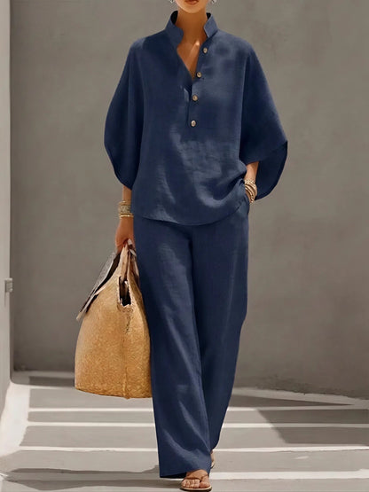 Wide Leg Trousers and Collared Top 2 Piece Set