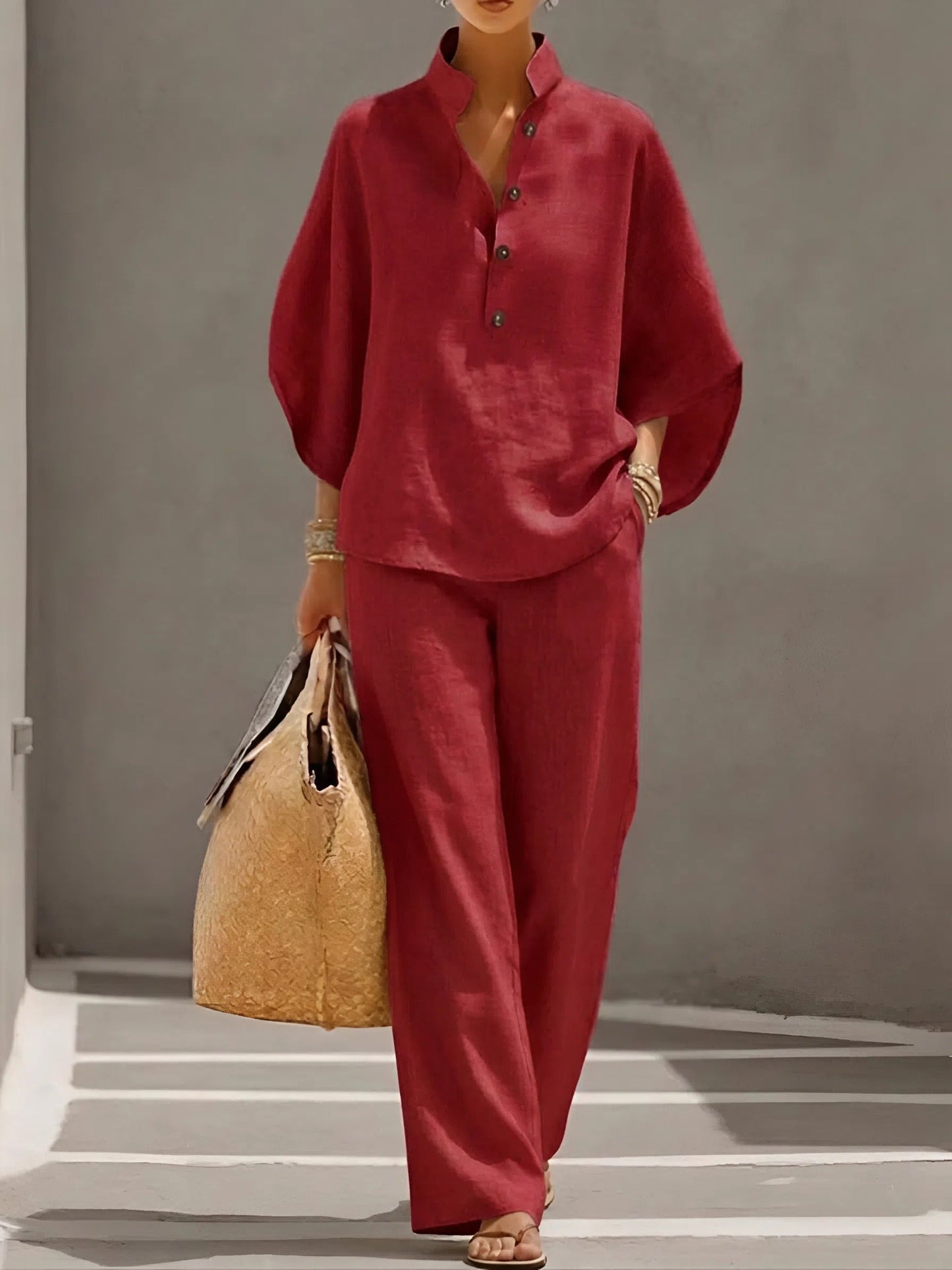 Wide Leg Trousers and Collared Top 2 Piece Set