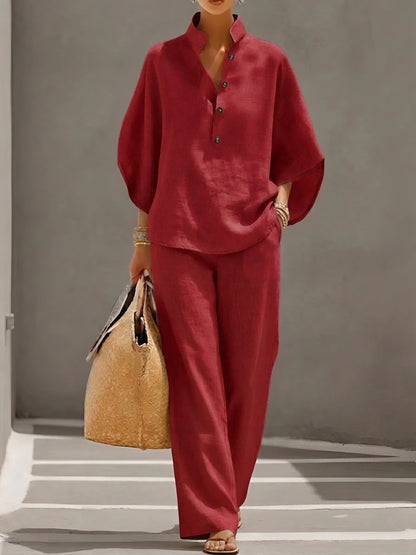 Wide Leg Trousers and Collared Top 2 Piece Set