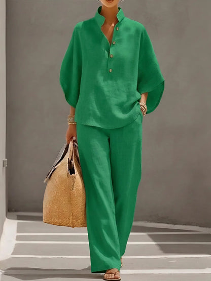 Wide Leg Trousers and Collared Top 2 Piece Set