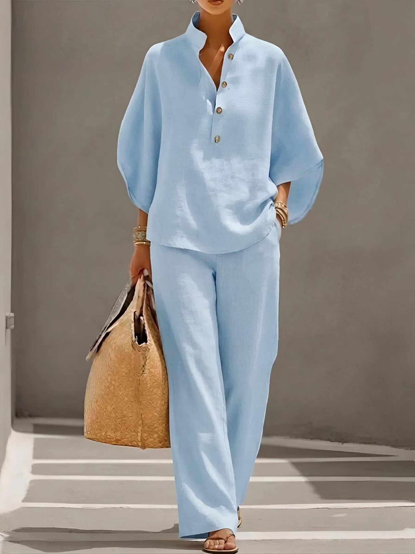 Wide Leg Trousers and Collared Top 2 Piece Set