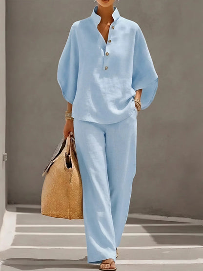 Wide Leg Trousers and Collared Top 2 Piece Set