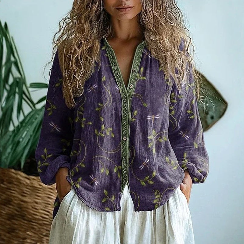 Women's Boho Blouse Long Sleeve with V-Neck and Floral Print