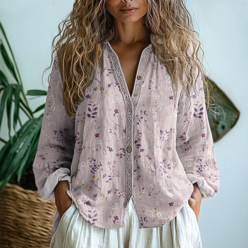 Women's Boho Blouse Long Sleeve with V-Neck and Floral Print