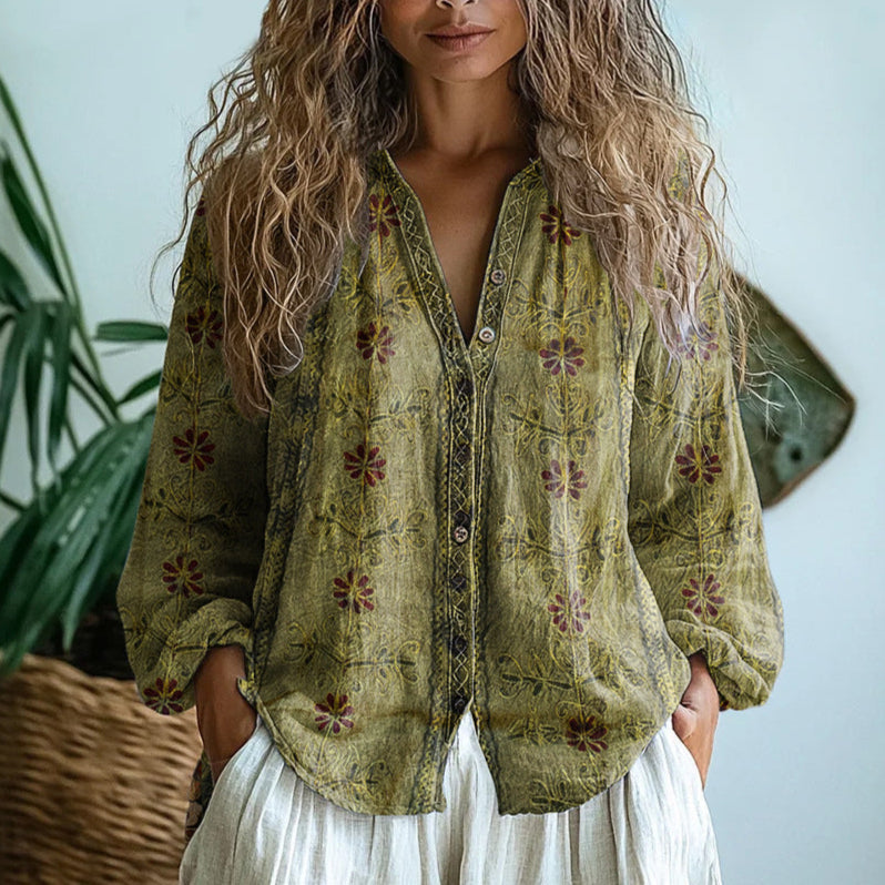 Women's Boho Blouse Long Sleeve with V-Neck and Floral Print