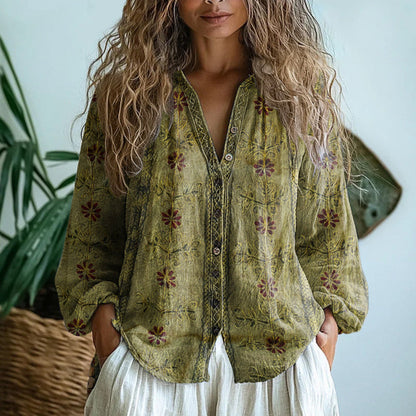 Women's Boho Blouse Long Sleeve with V-Neck and Floral Print