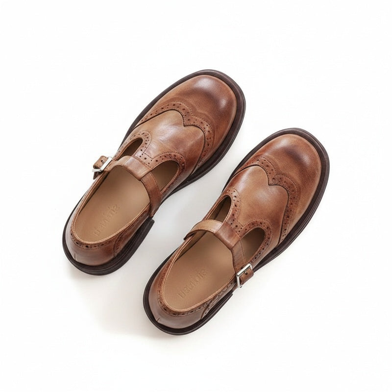 Women's Brogue T-Bar Mary Jane Flats with Buckle Strap and Platform Sole