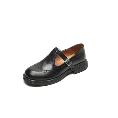 Women's Brogue T-Bar Mary Jane Flats with Buckle Strap and Platform Sole