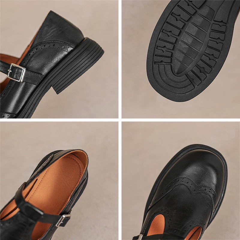Women's Brogue T-Bar Mary Jane Flats with Buckle Strap and Platform Sole