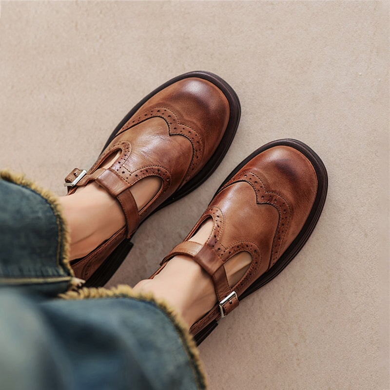 Women's Brogue T-Bar Mary Jane Flats with Buckle Strap and Platform Sole