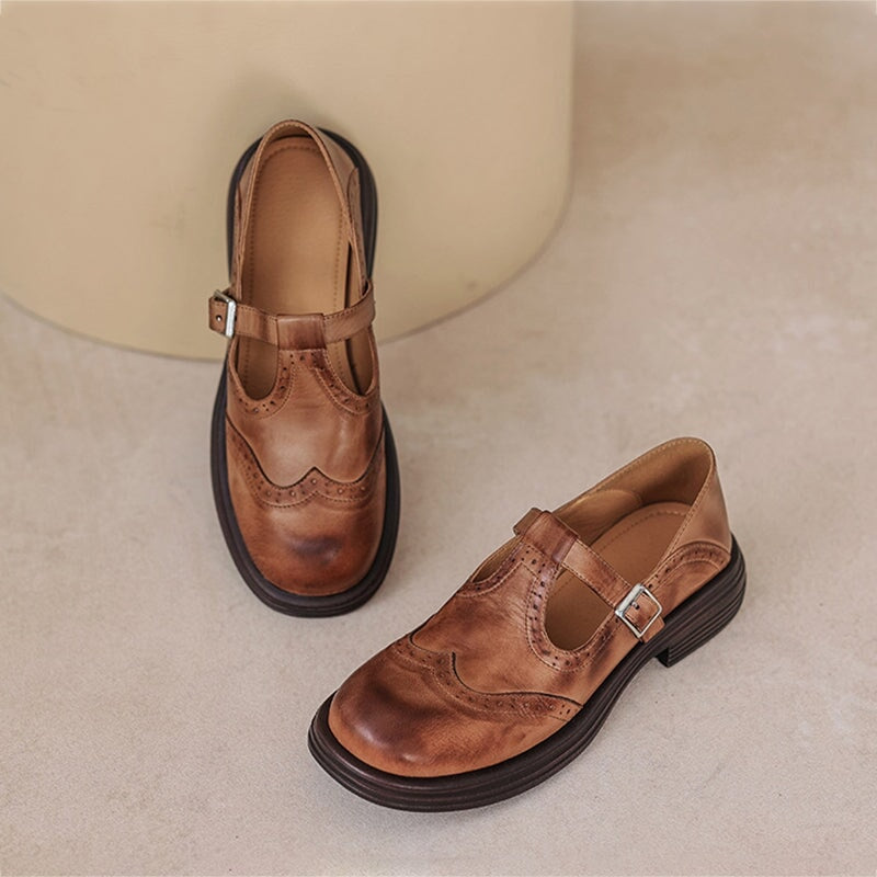 Women's Brogue T-Bar Mary Jane Flats with Buckle Strap and Platform Sole