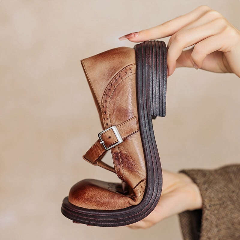 Women's Brogue T-Bar Mary Jane Flats with Buckle Strap and Platform Sole