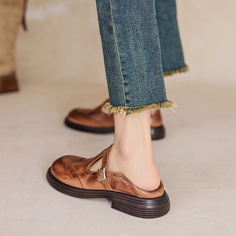 Women's Brogue T-Bar Mary Jane Flats with Buckle Strap and Platform Sole