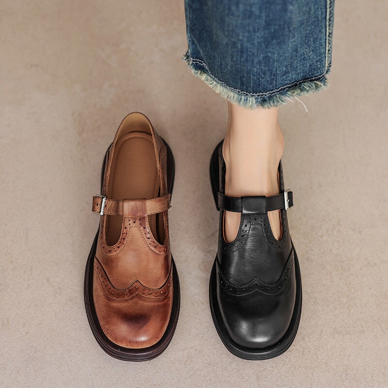 Women's Brogue T-Bar Mary Jane Flats with Buckle Strap and Platform Sole