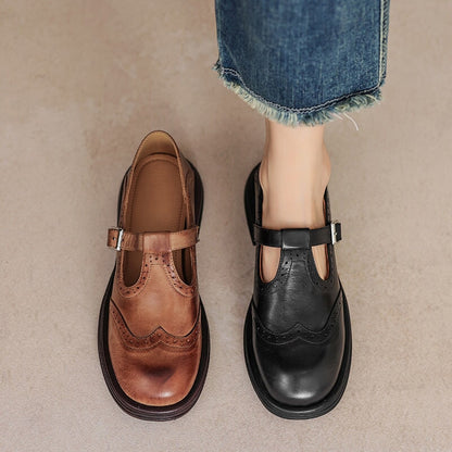 Women's Brogue T-Bar Mary Jane Flats with Buckle Strap and Platform Sole
