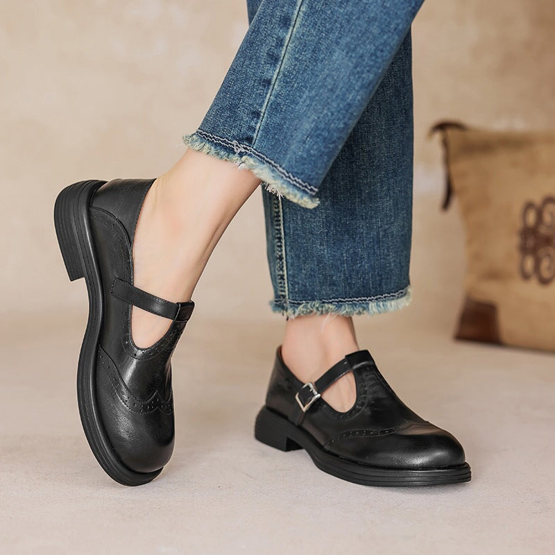 Women's Brogue T-Bar Mary Jane Flats with Buckle Strap and Platform Sole