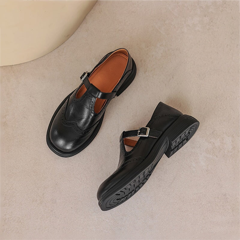 Women's Brogue T-Bar Mary Jane Flats with Buckle Strap and Platform Sole
