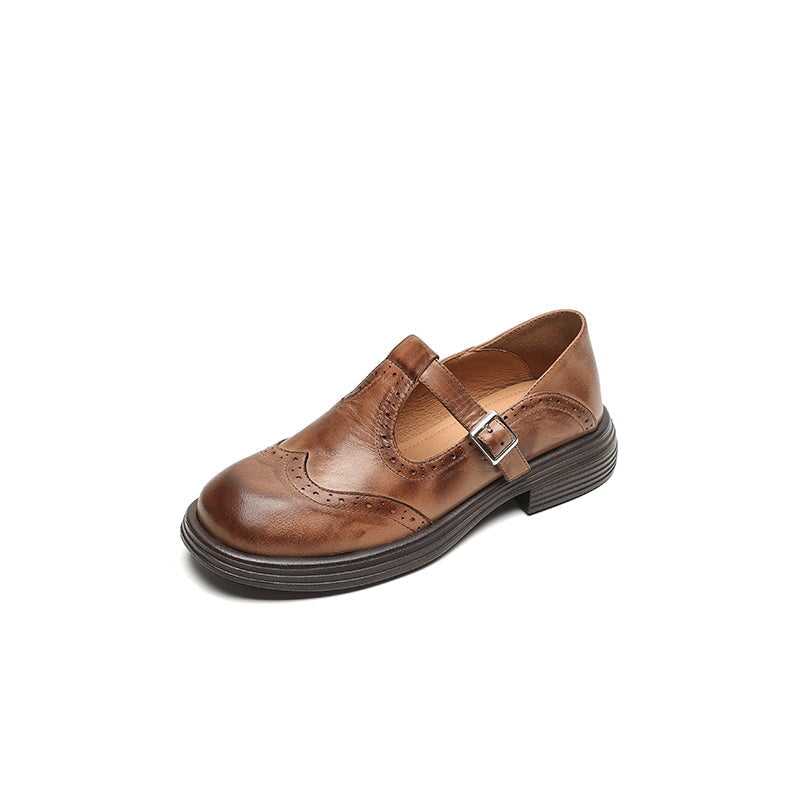 Women's Brogue T-Bar Mary Jane Flats with Buckle Strap and Platform Sole