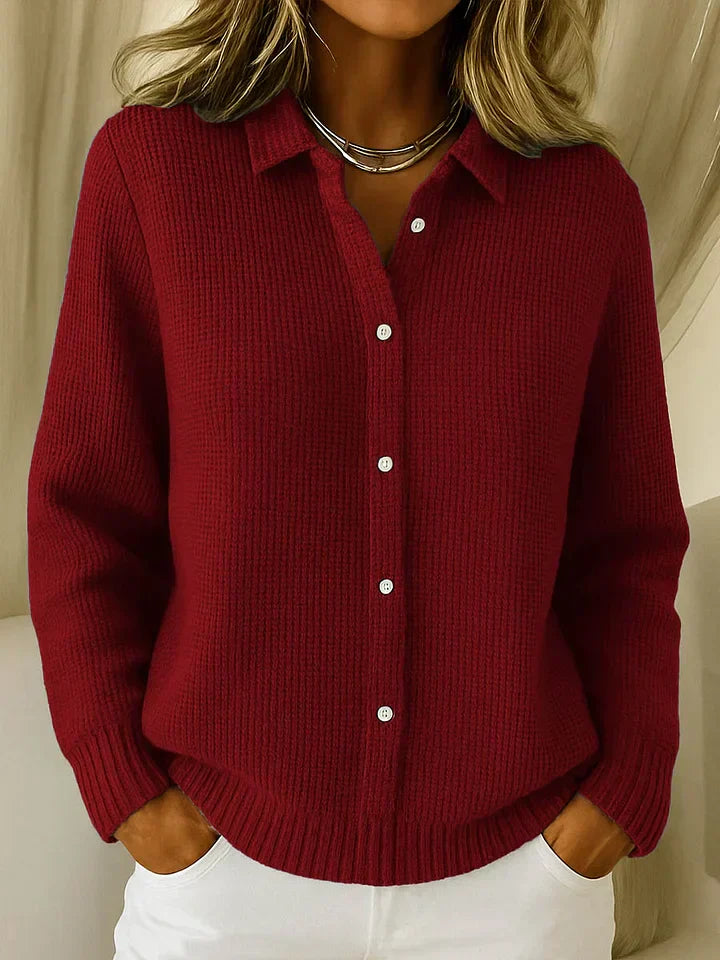 Women's Button-Front Cardigan with Long Sleeves and Collar