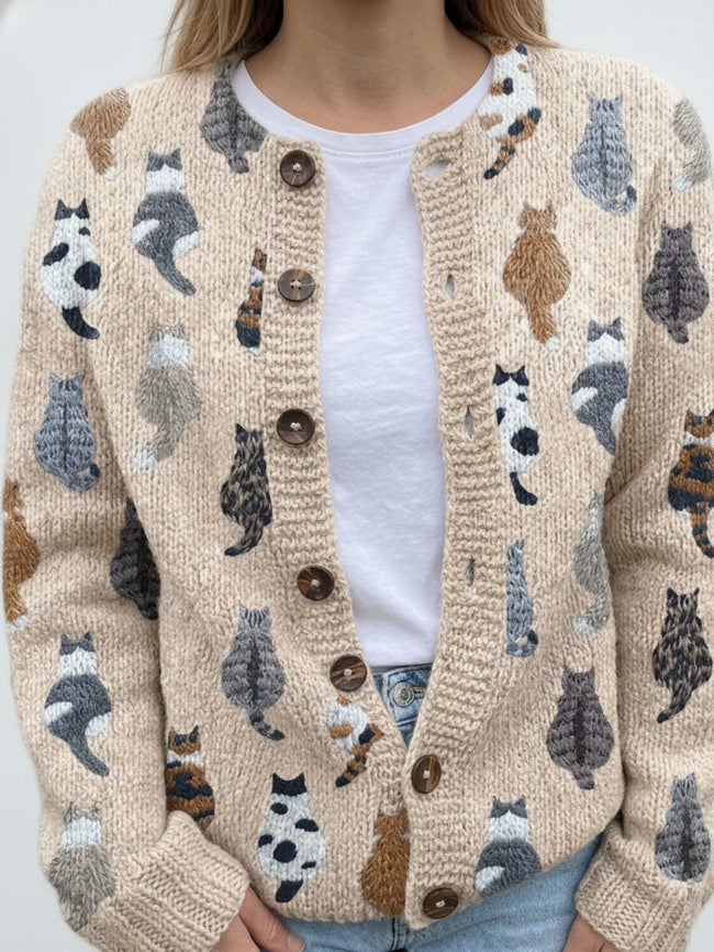 Women's Cat Print Cardigan with Button Closure and Round Neck