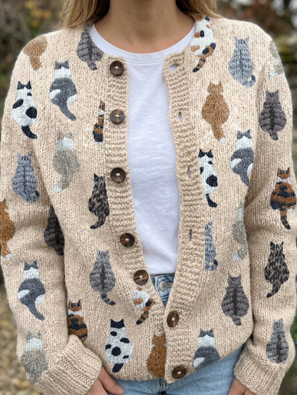 Women's Cat Print Cardigan with Button Closure and Round Neck