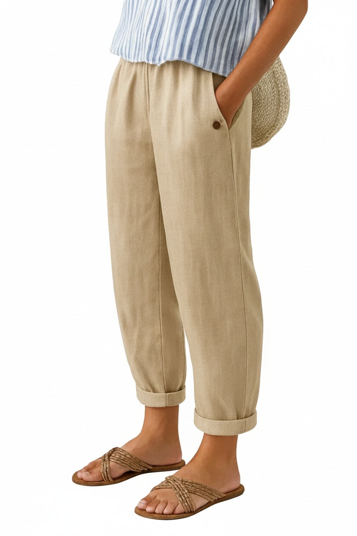 Women's Cropped Barrel-Leg Trousers with Elastic Waist and Cuffed Hem