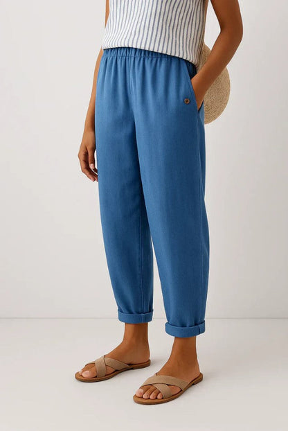Women's Cropped Barrel-Leg Trousers with Elastic Waist and Cuffed Hem