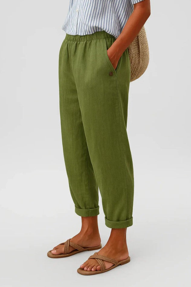 Women's Cropped Barrel-Leg Trousers with Elastic Waist and Cuffed Hem