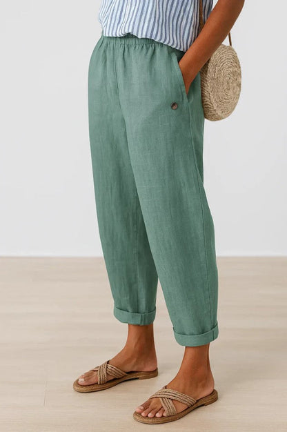 Women's Cropped Barrel-Leg Trousers with Elastic Waist and Cuffed Hem