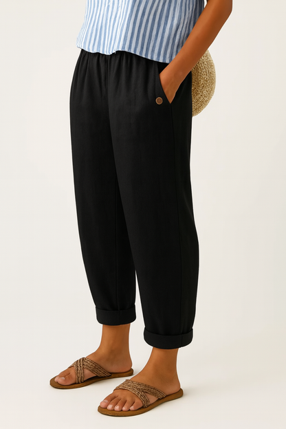 Women's Cropped Barrel-Leg Trousers with Elastic Waist and Cuffed Hem
