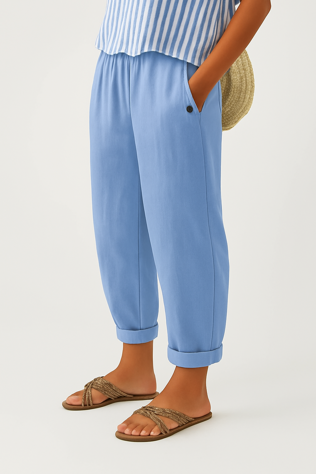 Women's Cropped Barrel-Leg Trousers with Elastic Waist and Cuffed Hem