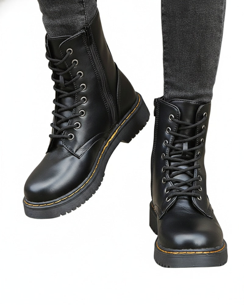 Women's Faux Leather Combat Boots with Lace-Up Front and Side Zip