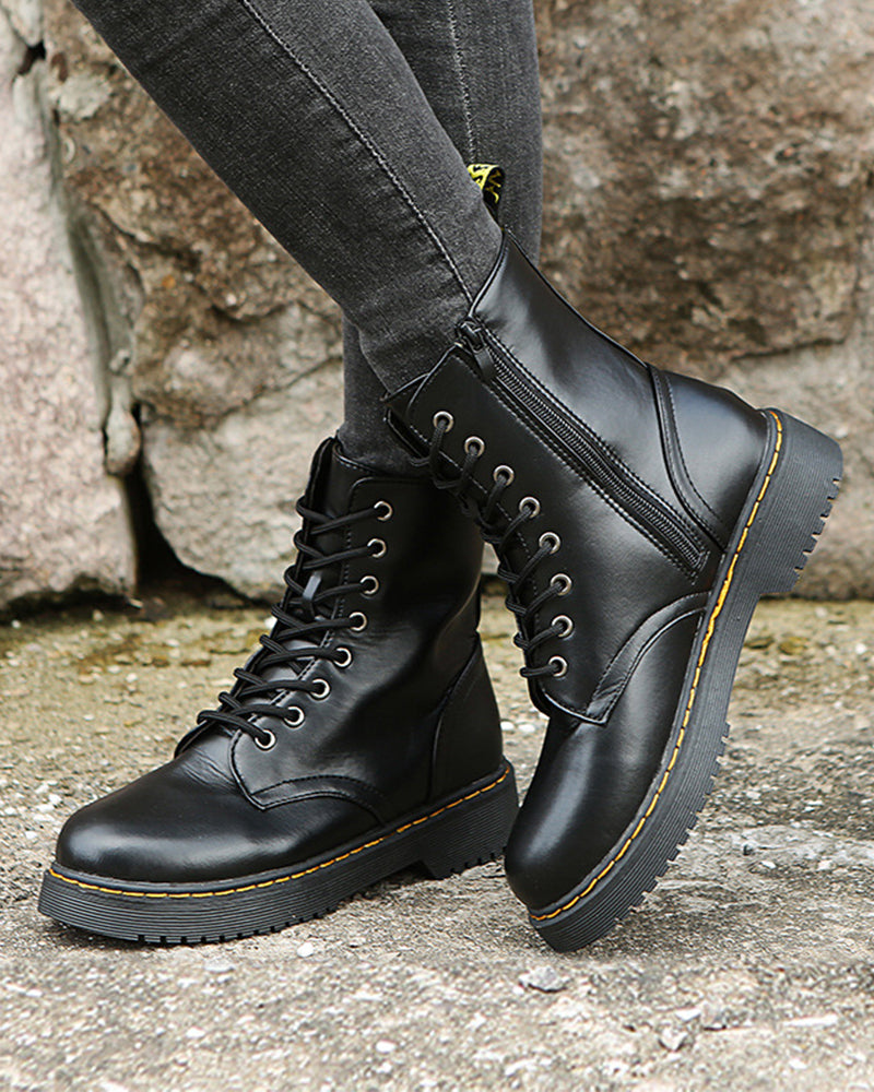 Women's Faux Leather Combat Boots with Lace-Up Front and Side Zip