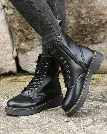 Women's Faux Leather Combat Boots with Lace-Up Front and Side Zip