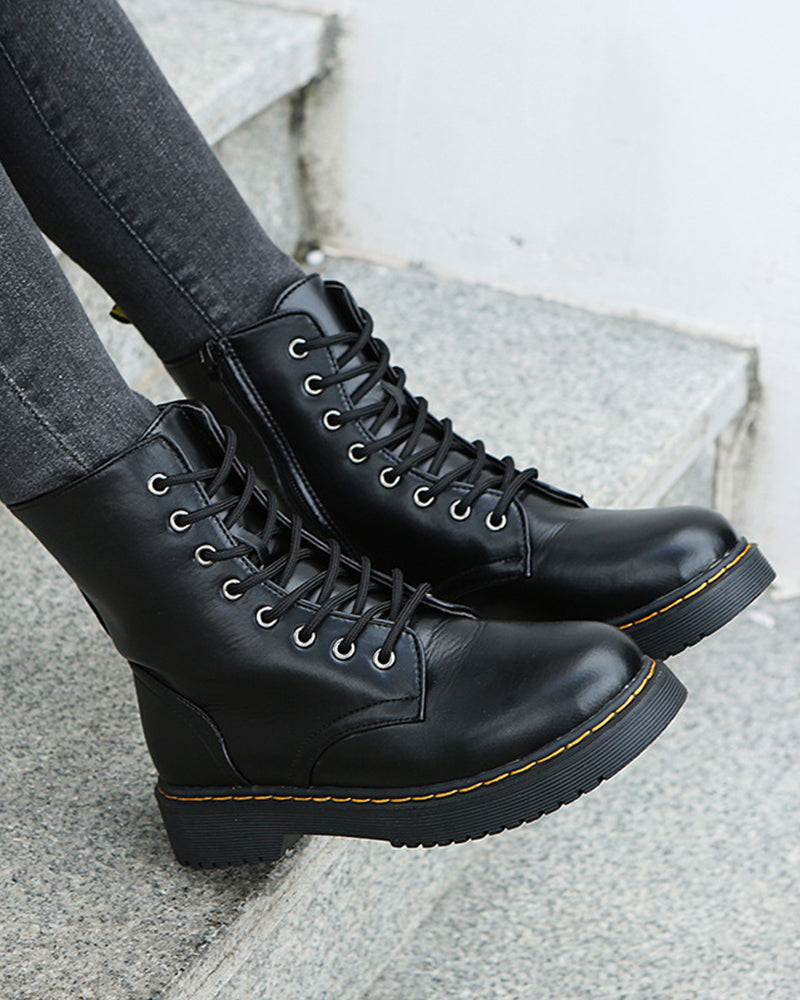 Women's Faux Leather Combat Boots with Lace-Up Front and Side Zip