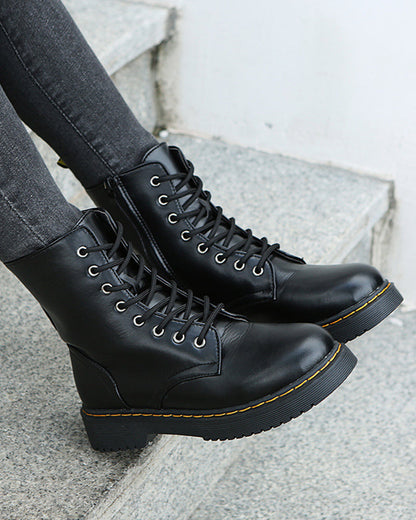Women's Faux Leather Combat Boots with Lace-Up Front and Side Zip