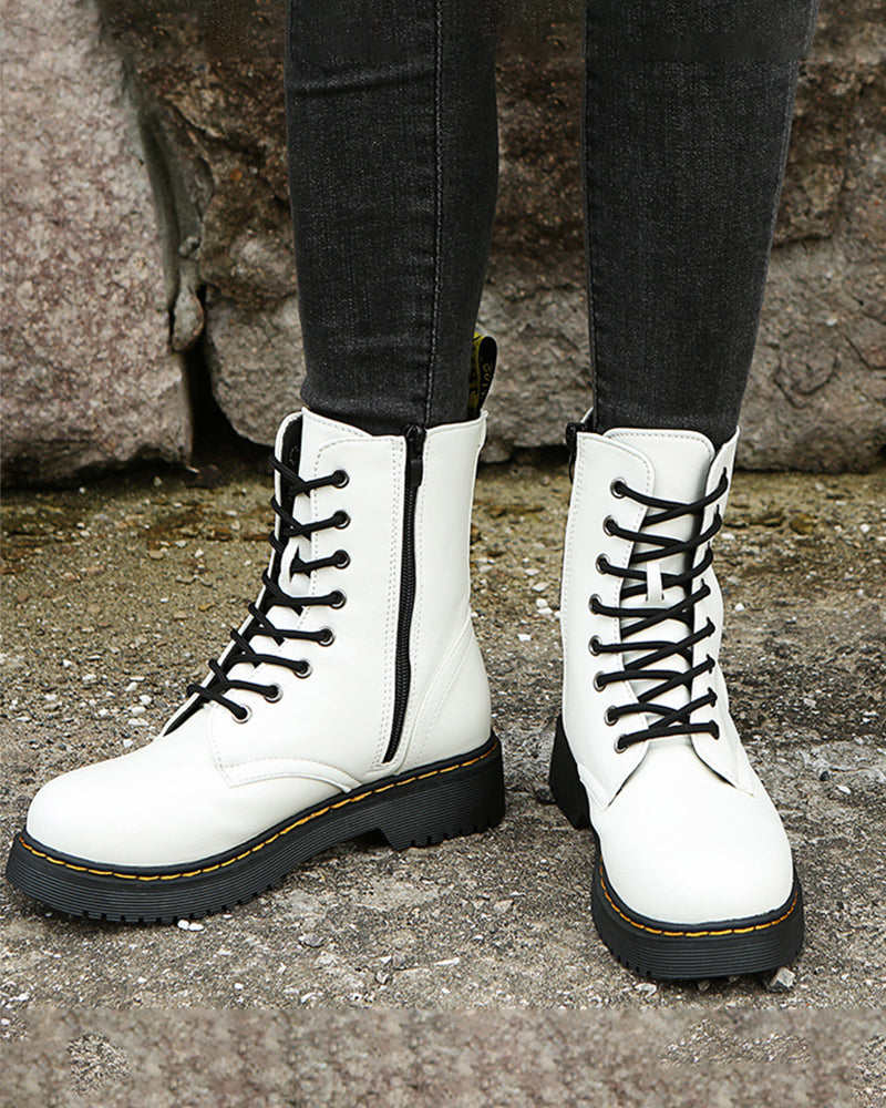 Women's Faux Leather Combat Boots with Lace-Up Front and Side Zip