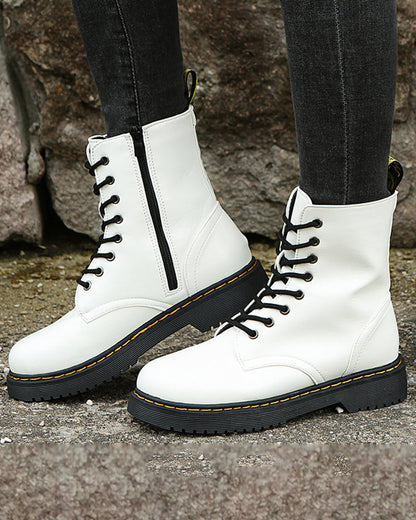 Women's Faux Leather Combat Boots with Lace-Up Front and Side Zip