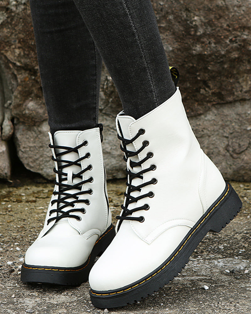 Women's Faux Leather Combat Boots with Lace-Up Front and Side Zip