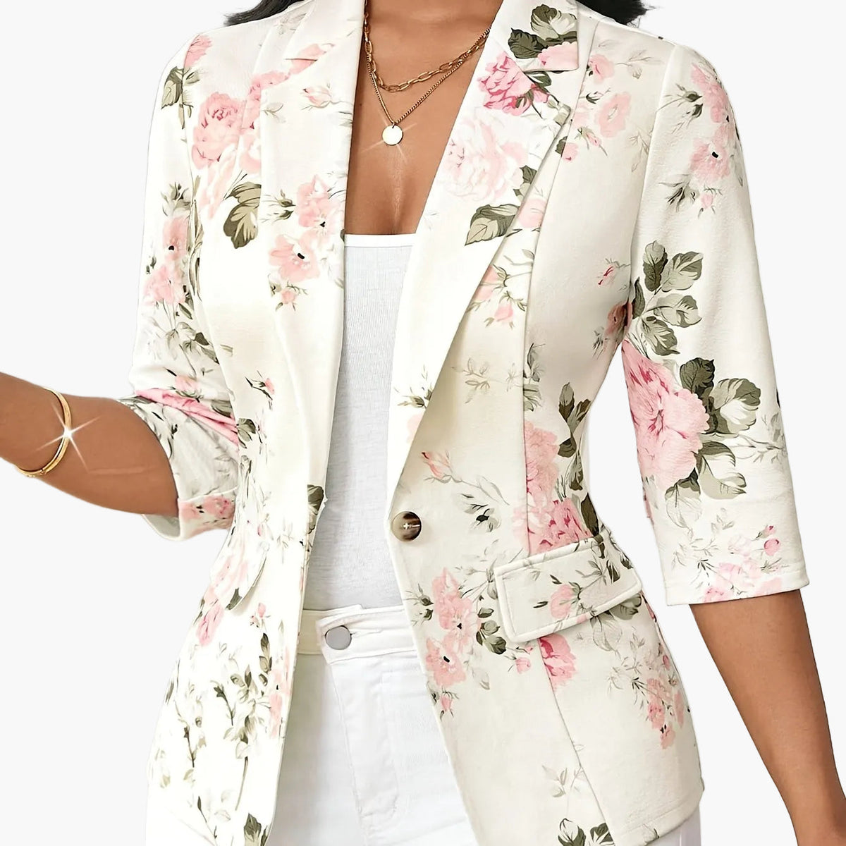 Women's Floral Blazer with Three-Quarter Sleeves and Button Closure