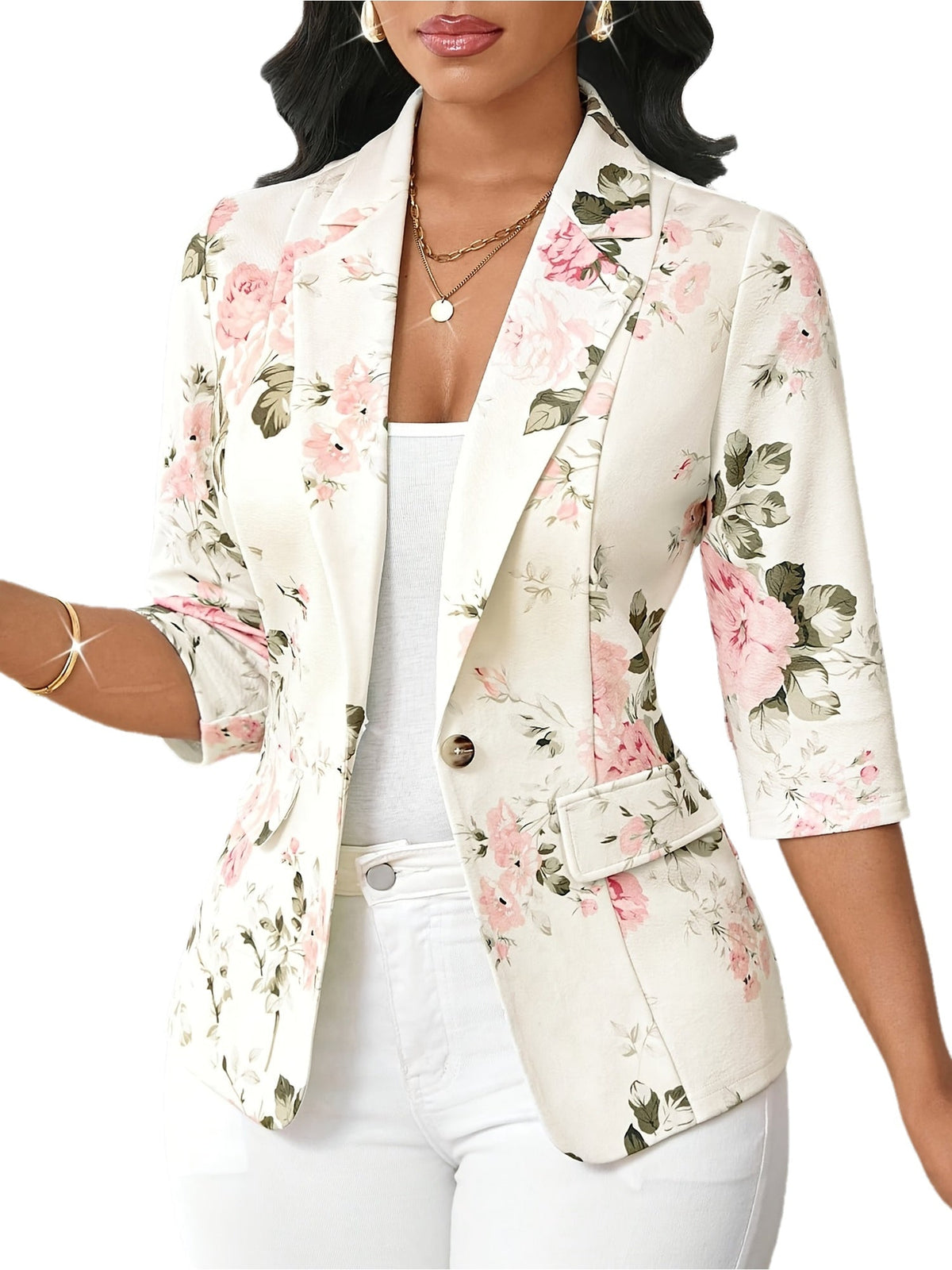 Women's Floral Blazer with Three-Quarter Sleeves and Button Closure
