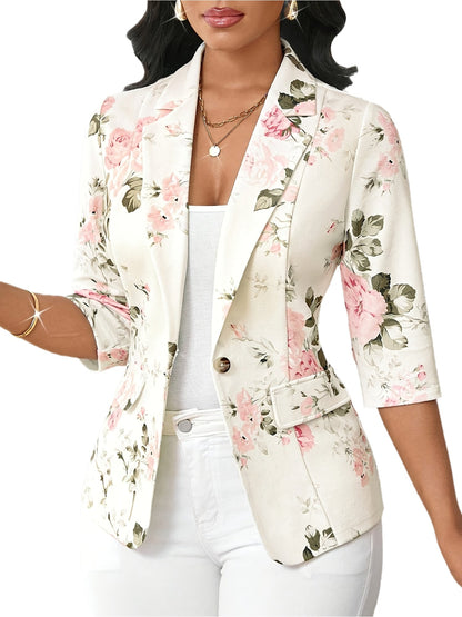 Women's Floral Blazer with Three-Quarter Sleeves and Button Closure