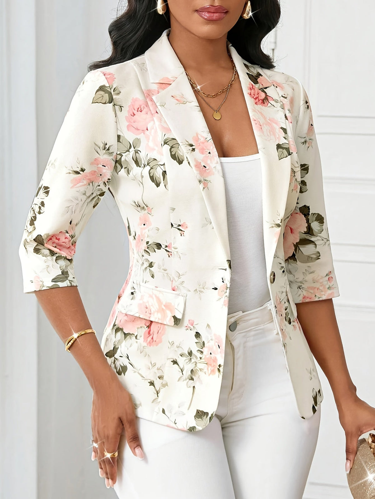 Women's Floral Blazer with Three-Quarter Sleeves and Button Closure