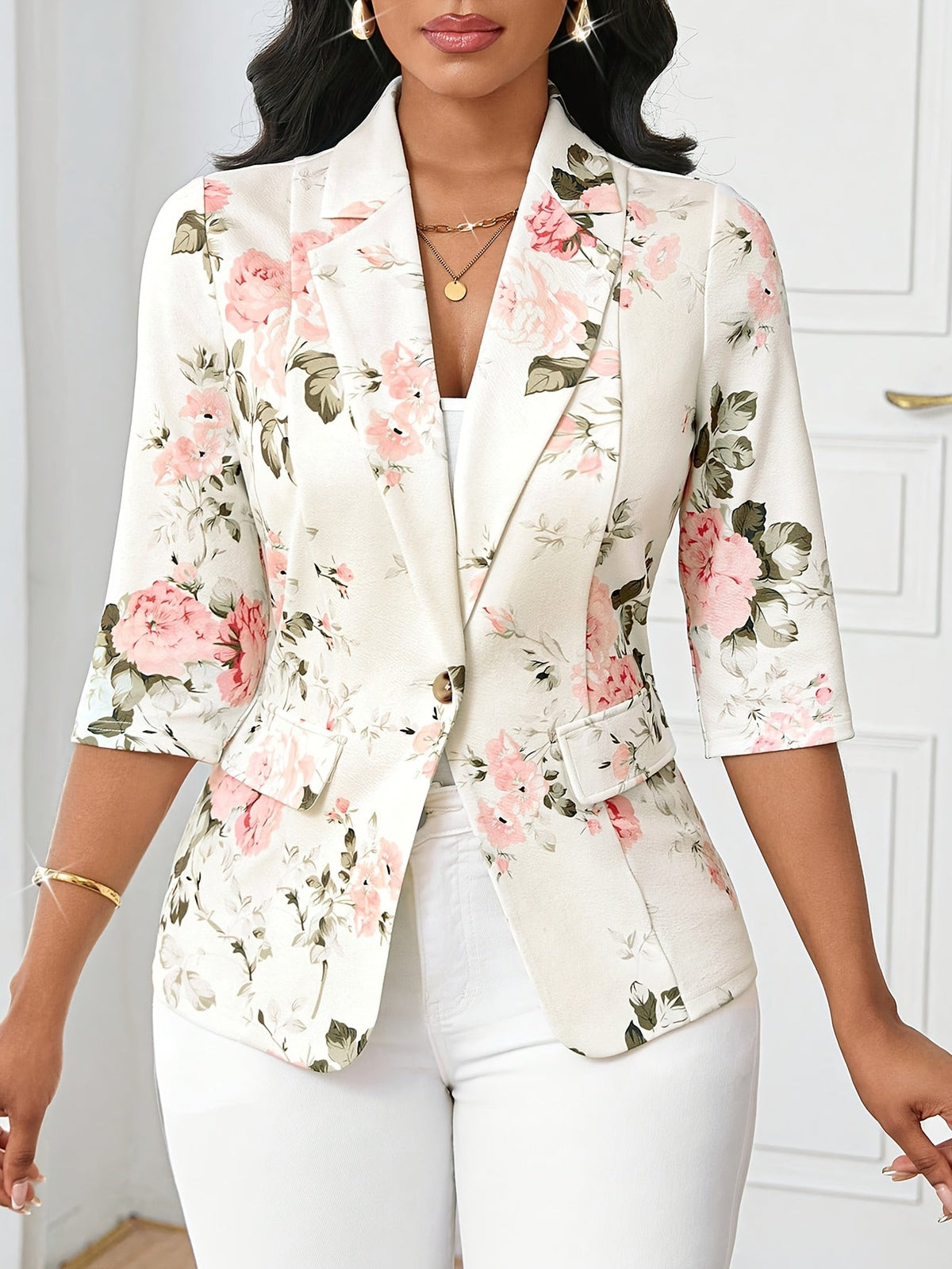 Women's Floral Blazer with Three-Quarter Sleeves and Button Closure