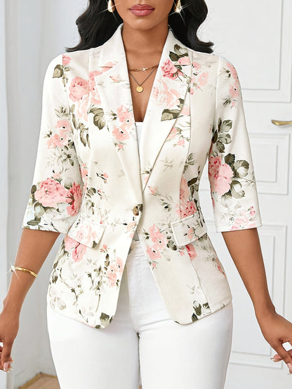 Women's Floral Blazer with Three-Quarter Sleeves and Button Closure