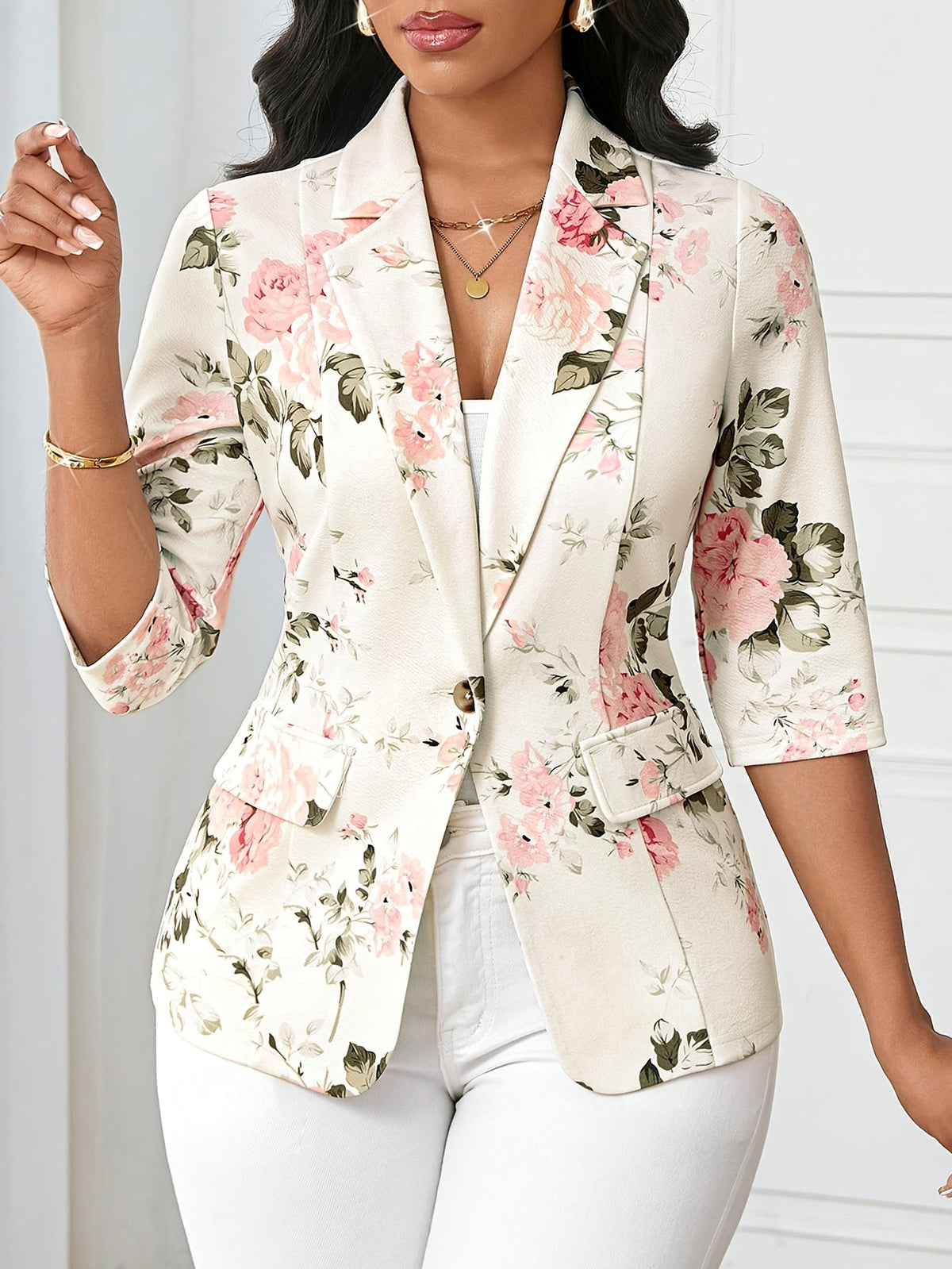 Women's Floral Blazer with Three-Quarter Sleeves and Button Closure