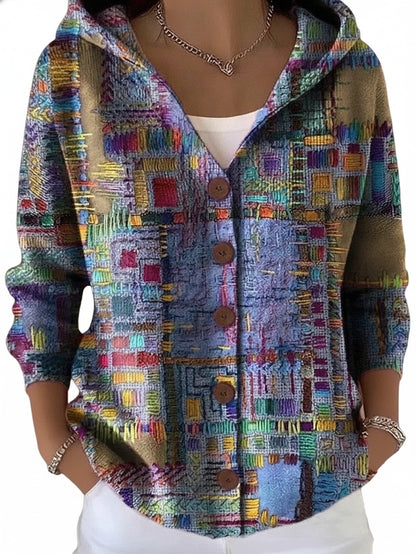 Women's Hooded Cardigan Long Sleeve with Button Closure and Printed Pattern