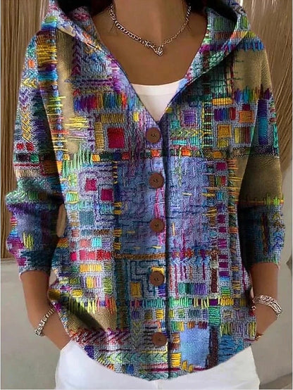 Women's Hooded Cardigan Long Sleeve with Button Closure and Printed Pattern
