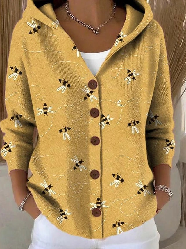 Women's Hooded Cardigan Long Sleeve with Button Closure and Printed Pattern