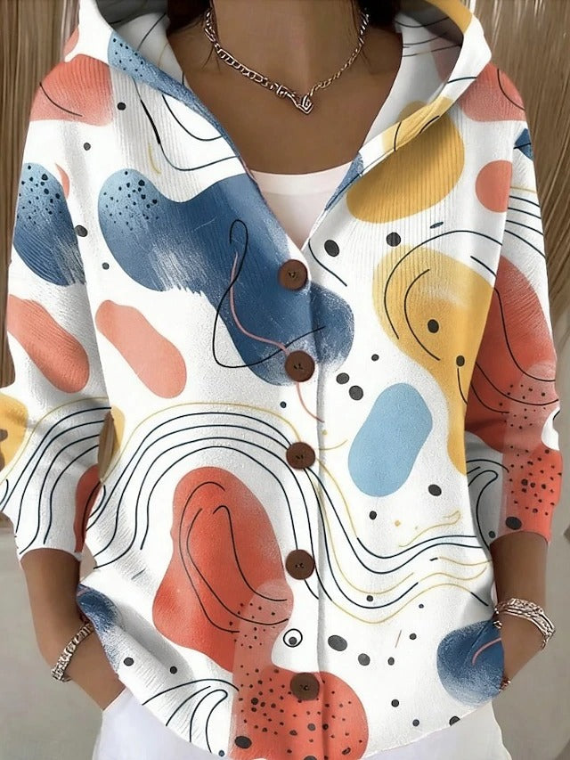 Women's Hooded Cardigan Long Sleeve with Button Closure and Printed Pattern